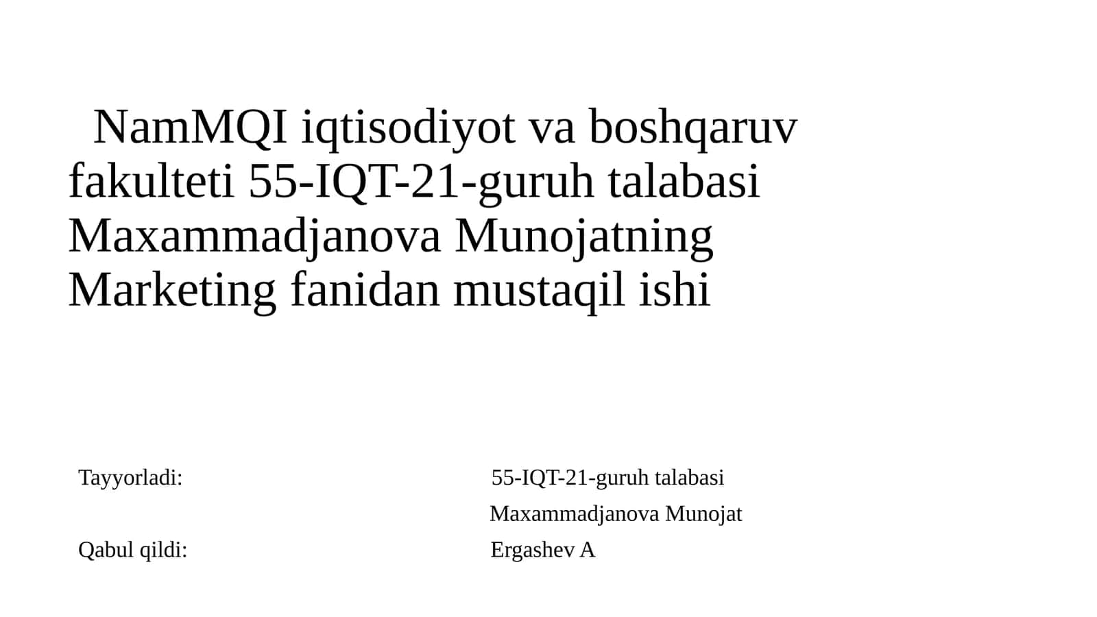 Marketing fanidan mustaqil ishi 1