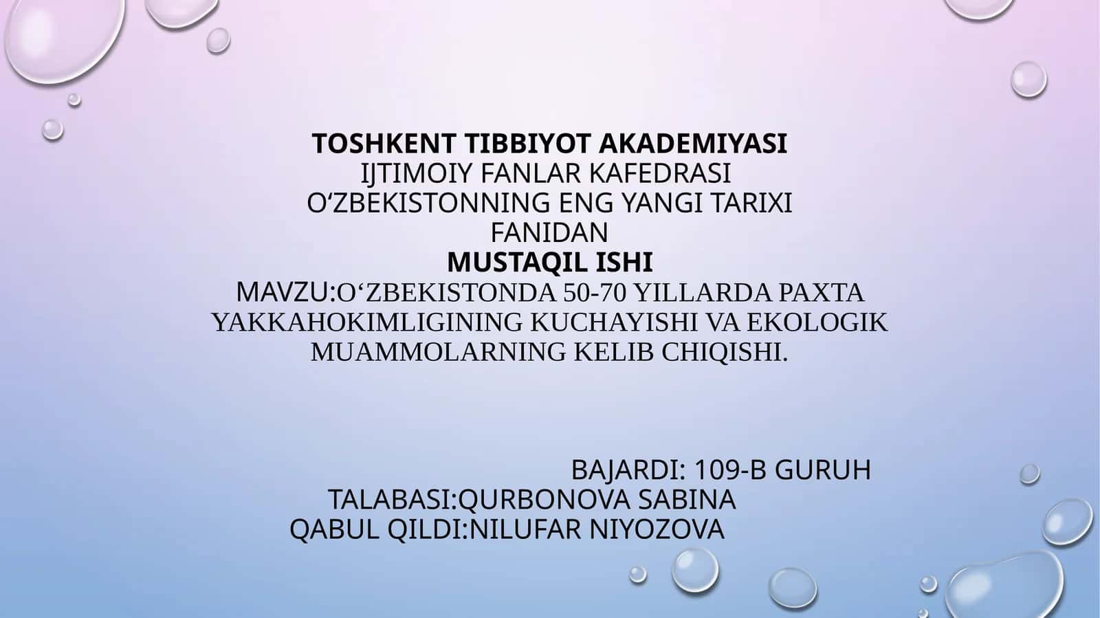 O‘zbekistonda 50-70 yillarda paxta yakkahokimligining kuchayishi va ekologik muammolarning kelib chiqishi 1