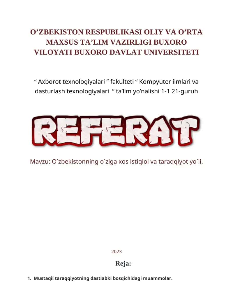 "O`zbekistonning o`ziga xos istiqlol va taraqqiyot yo`li" 1