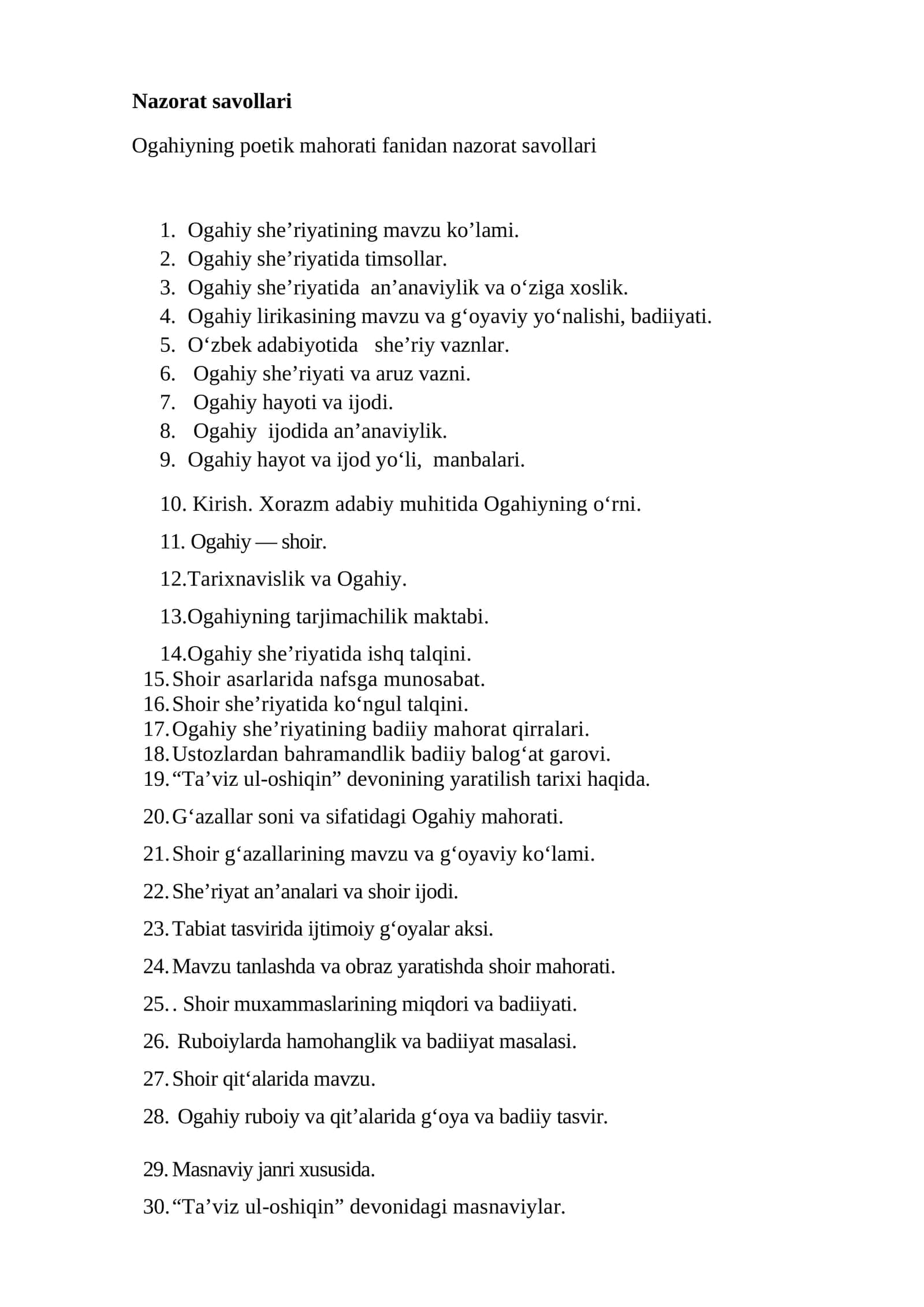 Ogahiyning poetik mahorati fanidan nazorat savollari 1
