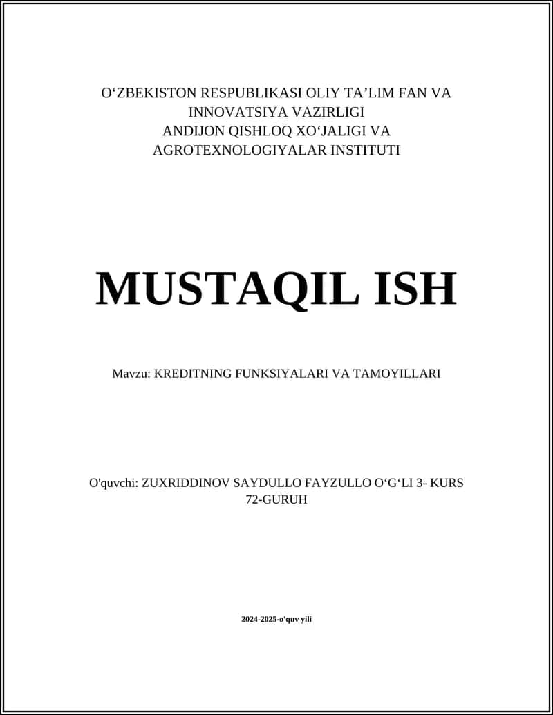 KREDITNING FUNKSIYALARI VA TAMOYILLARI 1
