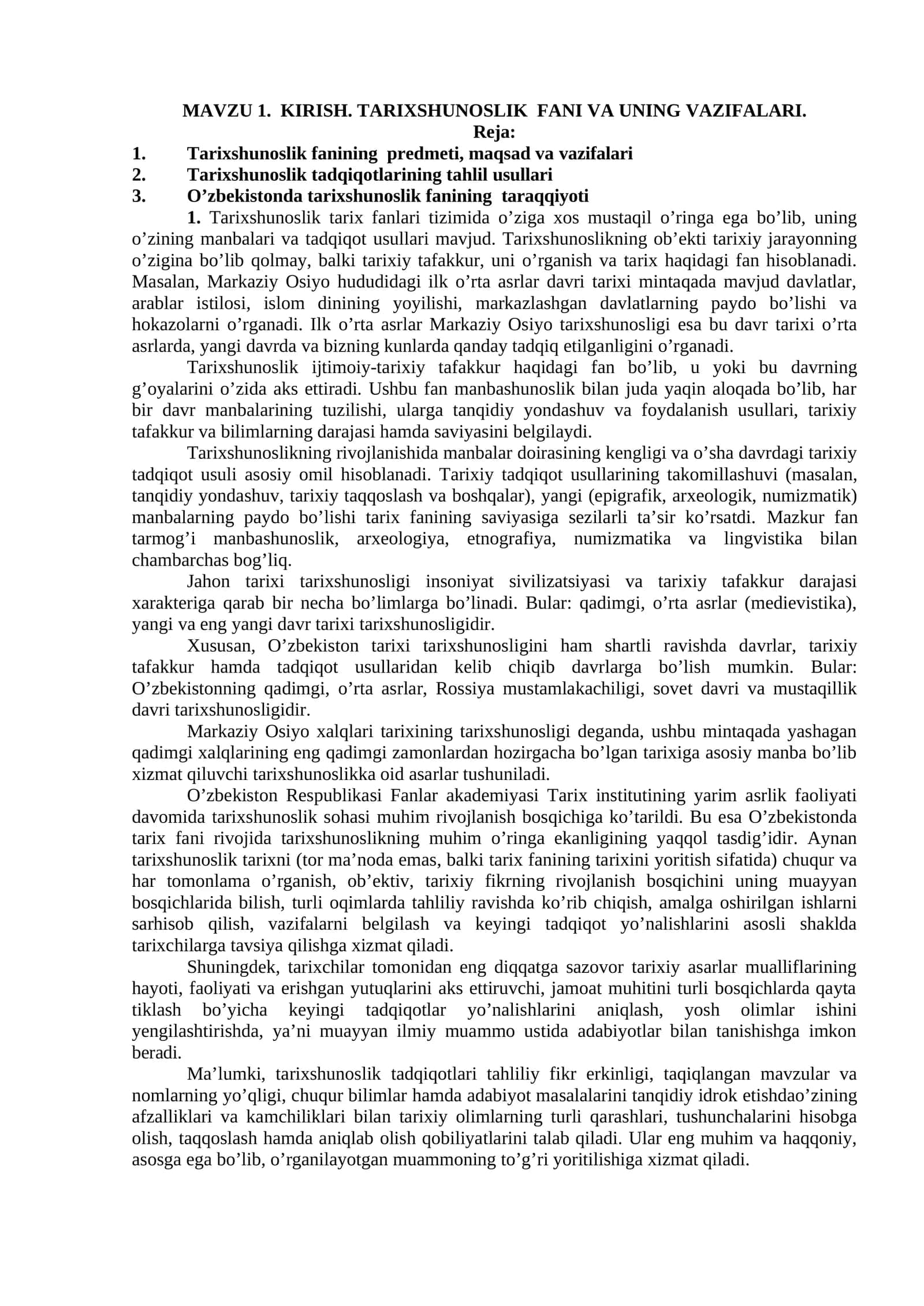 TARIXSHUNOSLIK FANI VA UNING VAZIFALARI 1