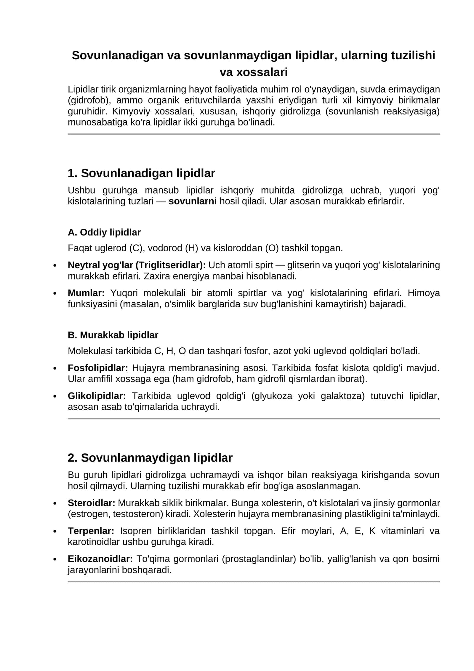 Sovunlanadigan va sovunlanmaydigan lipidlar, ularning tuzilishi va xossalari 1