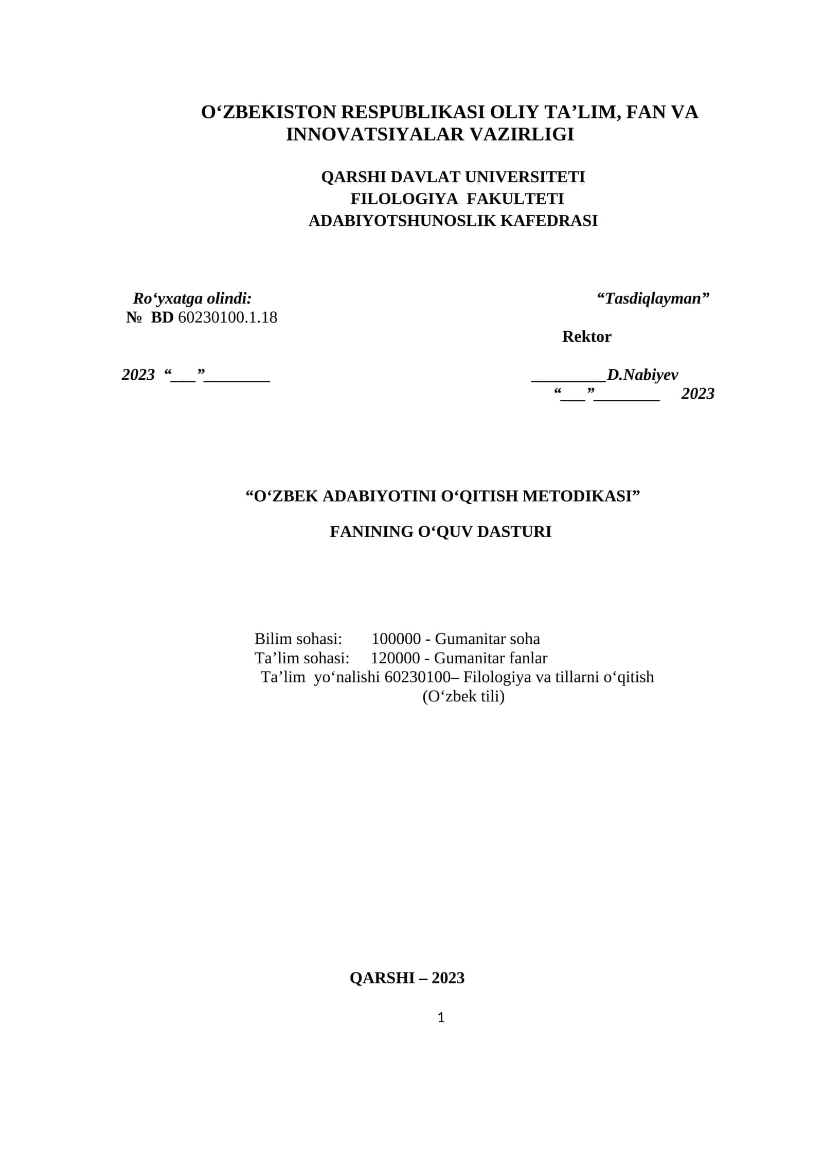 O‘ZBEK ADABIYOTINI O‘QITISH METODIKASI 1