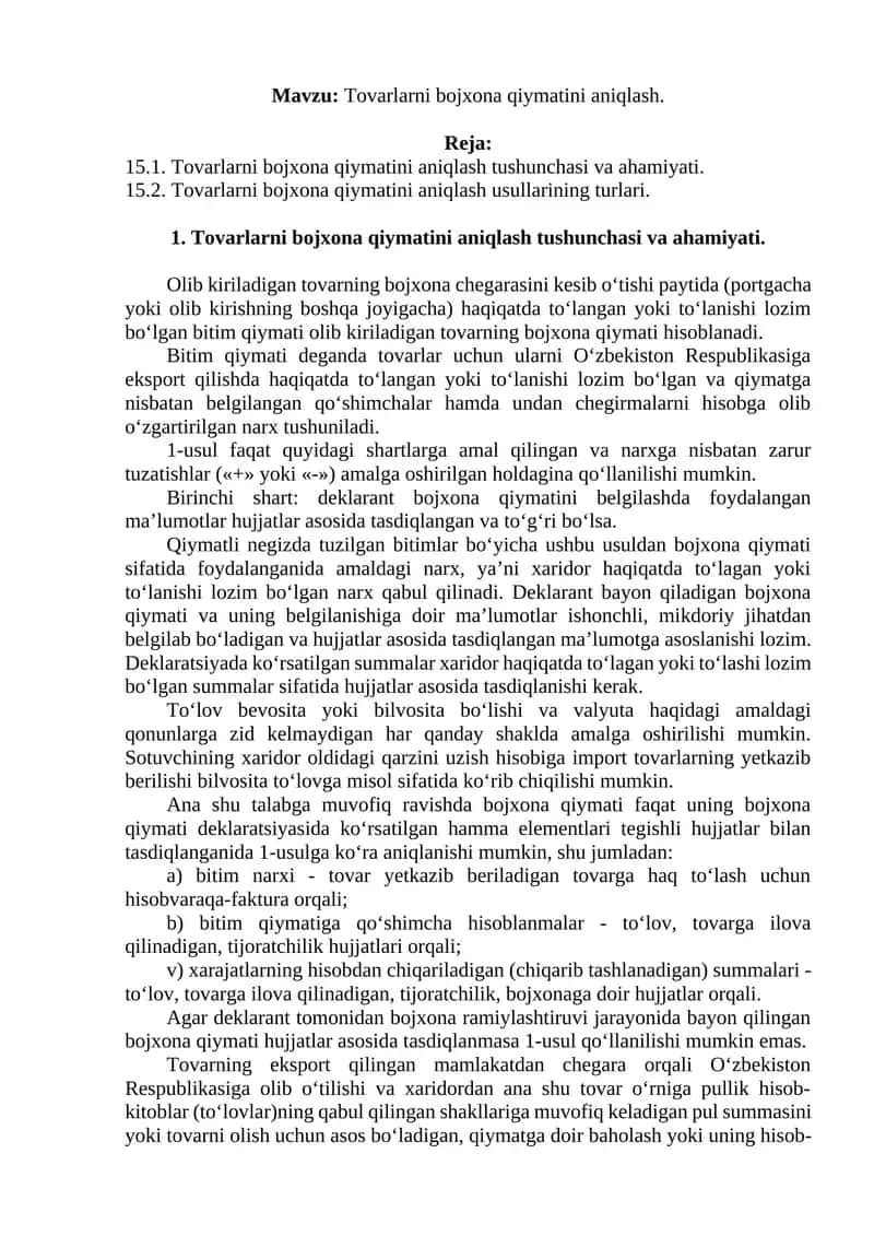 Tovarlarni bojxona qiymatini aniqlash 1