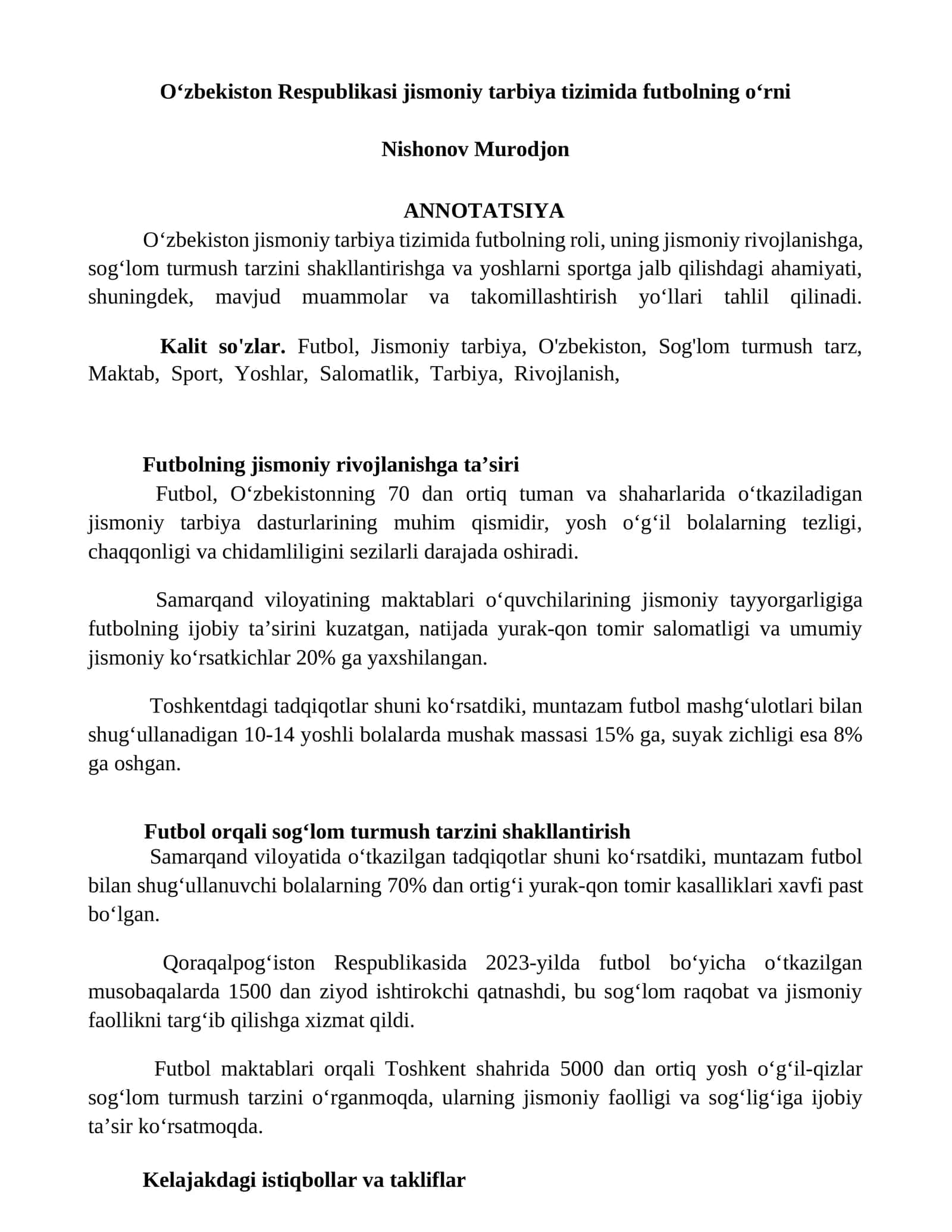 Oʻzbekiston Respublikasi jismoniy tarbiya tizimida futbolning oʻrni 1