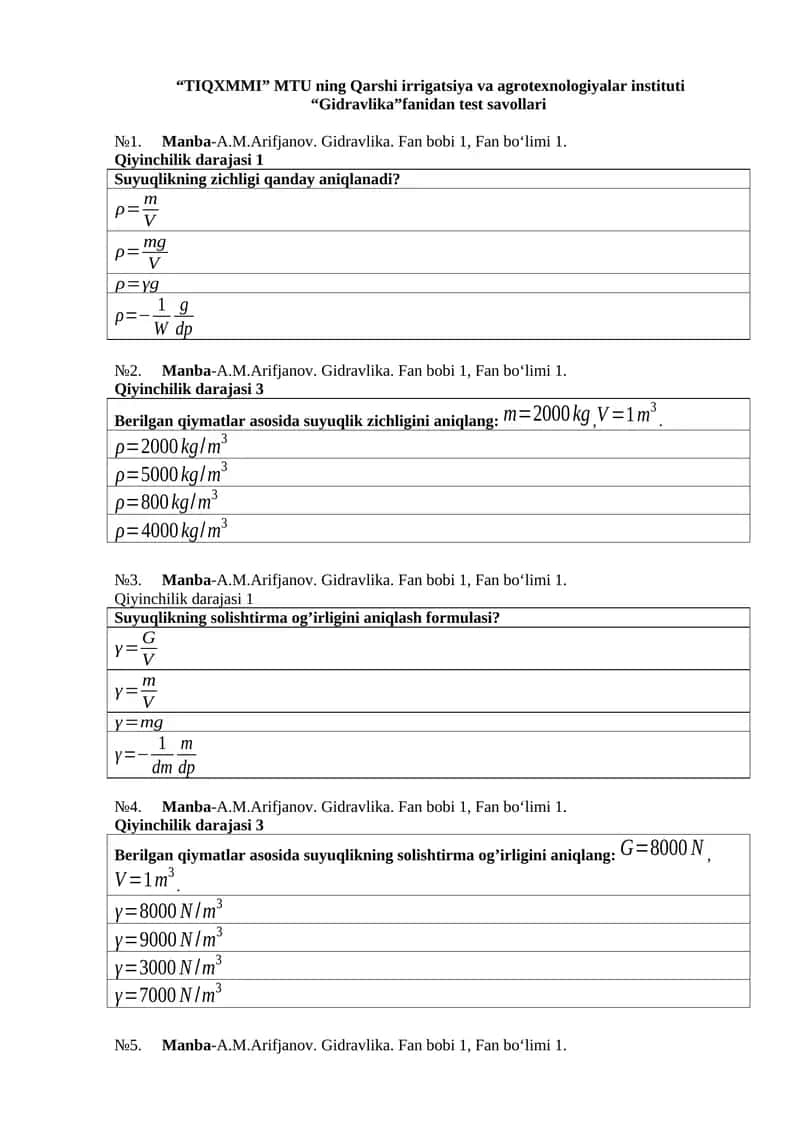Gidravlika Test Savollari 1