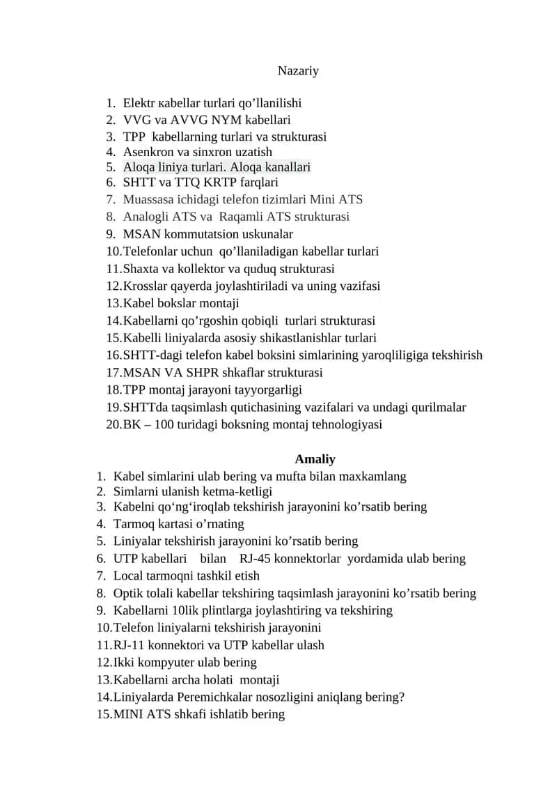 Elektr kabellar turlari qo’llanilishi 1
