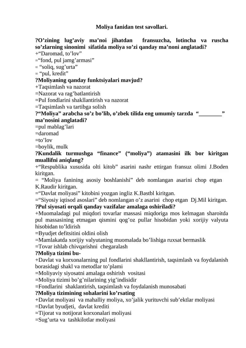 Moliya fanidan test savollari 1