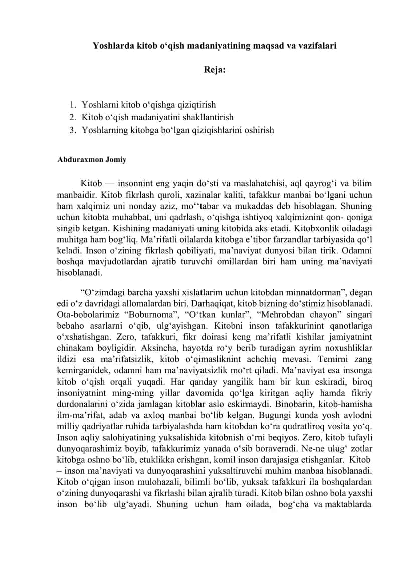 Yoshlarda kitob o‘qish madaniyatining maqsad va vazifalari 1
