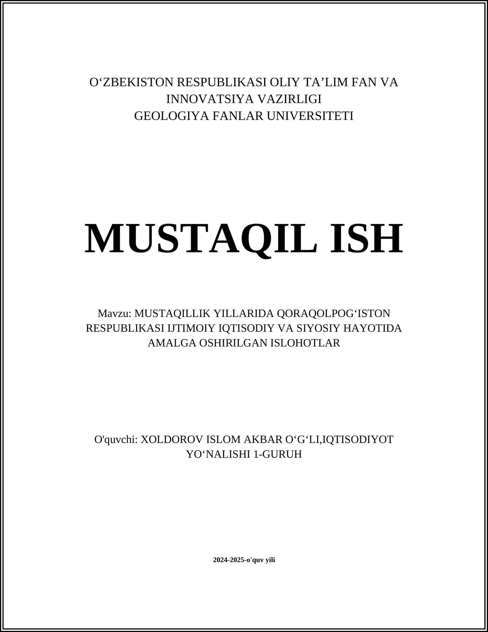 MUSTAQILLIK YILLARIDA QORAQOLPOGʻISTON RESPUBLIKASI IJTIMOIY IQTISODIY VA SIYOSIY HAYOTIDA AMALGA OSHIRILGAN ISLOHOTLAR 1