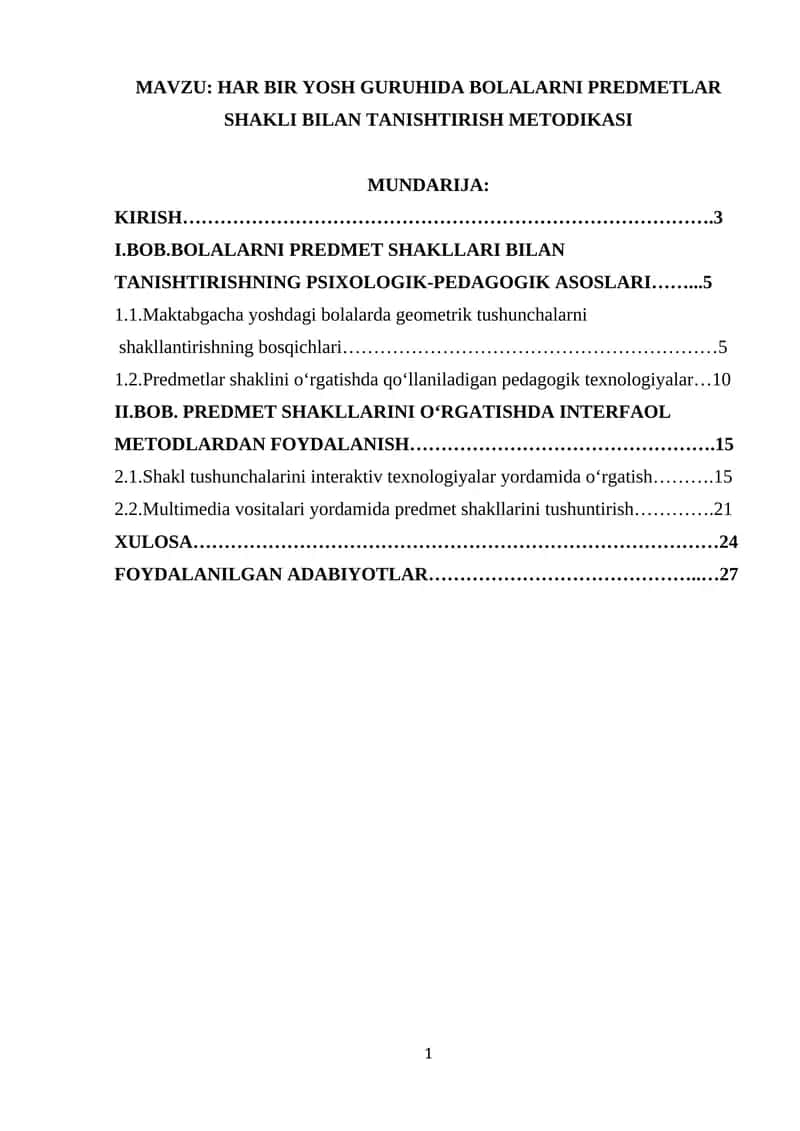 HAR BIR YOSH GURUHIDA BOLALARNI PREDMETLAR SHAKLI BILAN TANISHTIRISH METODIKASI 1