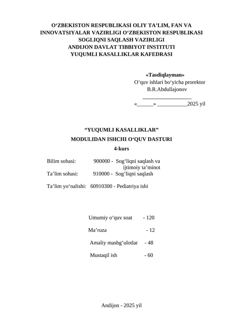 "YUQUMLI KASALLIKLAR" MODULIDAN ISHCHI O‘QUV DASTURI 1