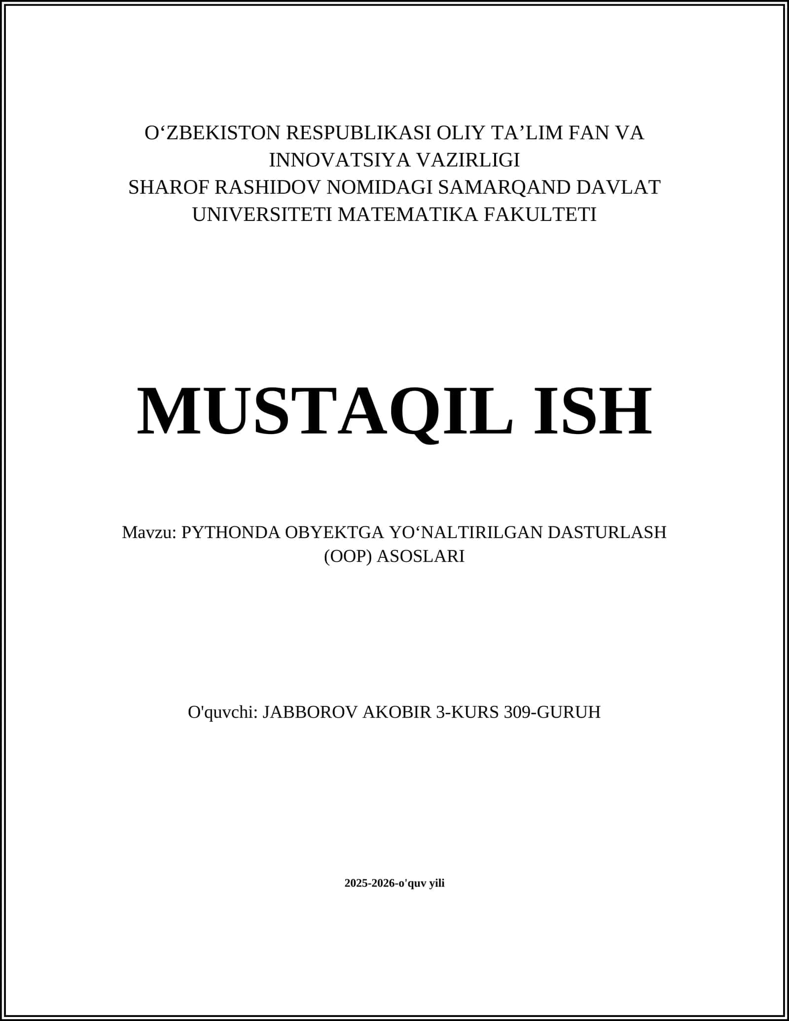 PYTHONDA OBYEKTGA YO‘NALTIRILGAN DASTURLASH (OOP) ASOSLARI 1