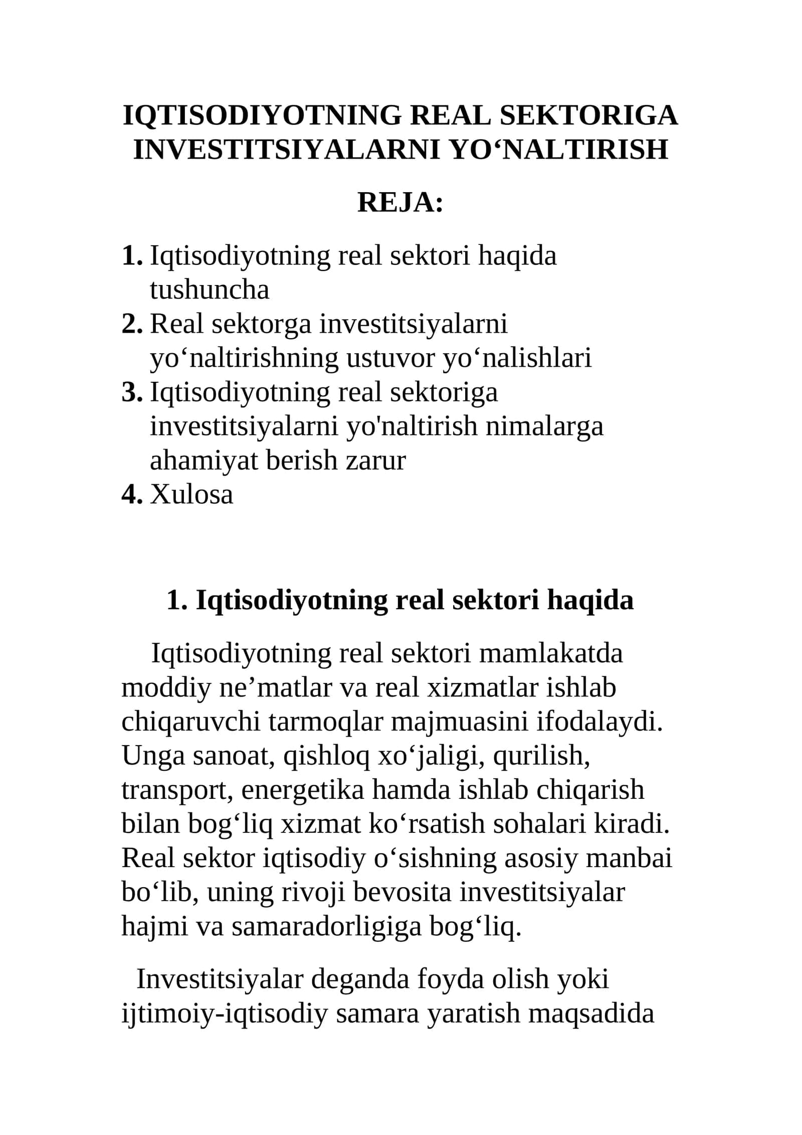 IQTISODIYOTNING REAL SEKTORIGA INVESTITSIYALARNI YO‘NALTIRISH 1