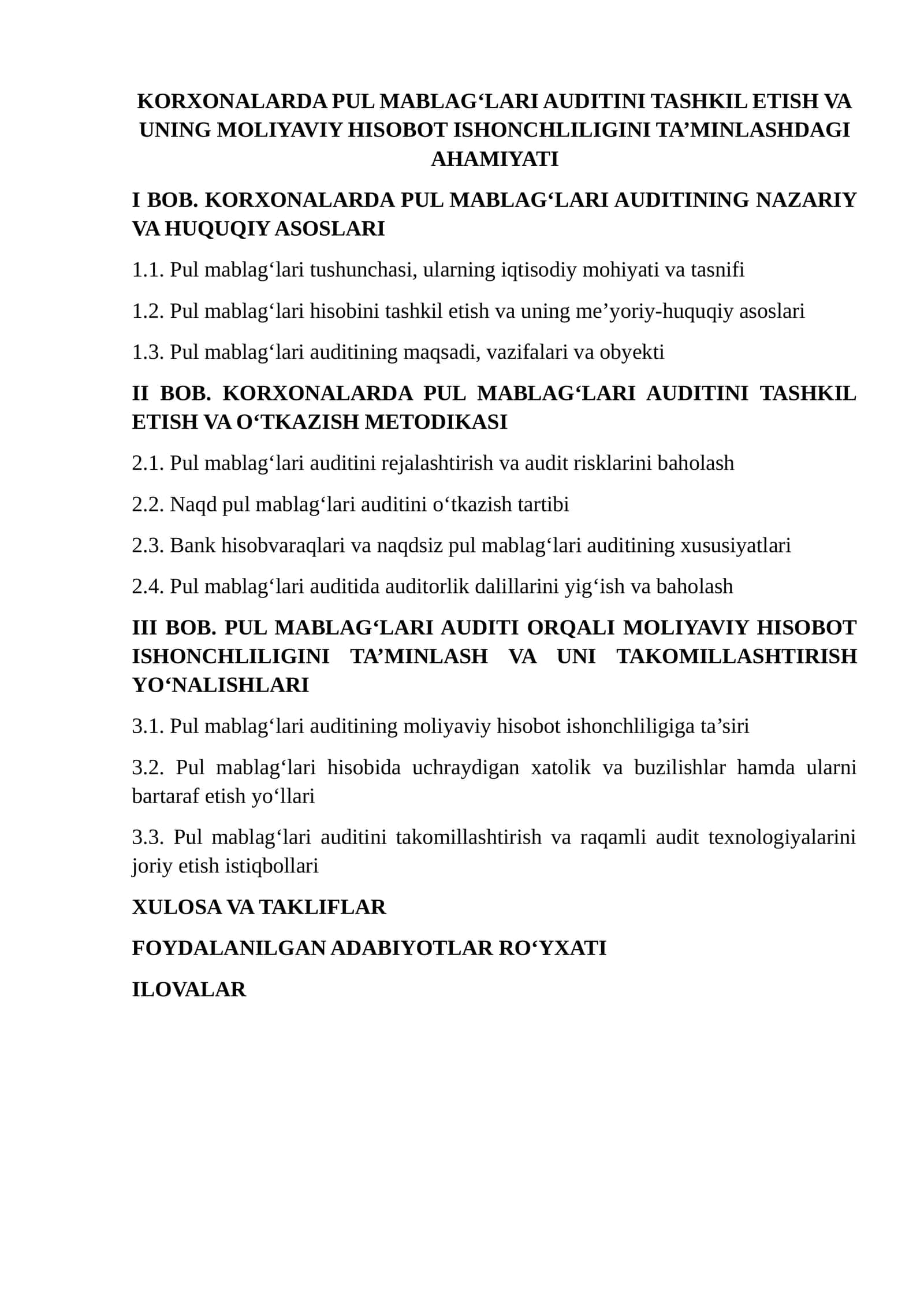 KORXONALARDA PUL MABLAG‘LARI AUDITINI TASHKIL ETISH VA UNING MOLIYAVIY HISOBOT ISHONCHLILIGINI TA’MINLASHDAGI AHAMIYATI 1
