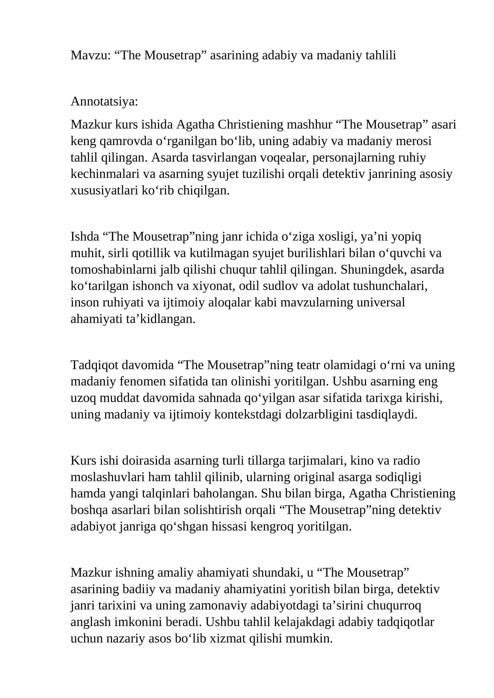 “The Mousetrap” asarining adabiy va madaniy tahlili 1