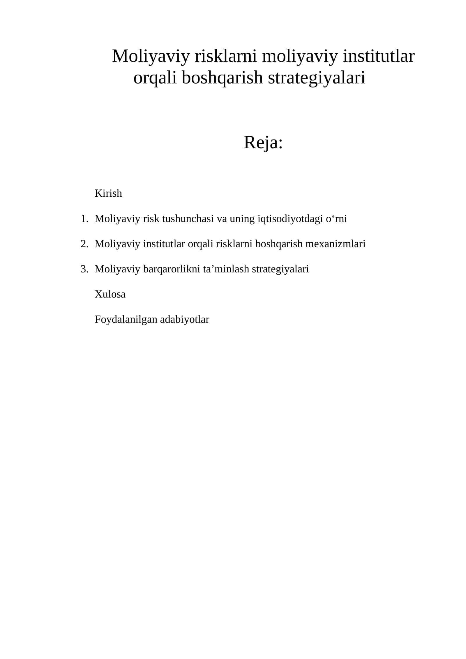 Moliyaviy risklarni moliyaviy institutlar orqali boshqarish strategiyalari 1