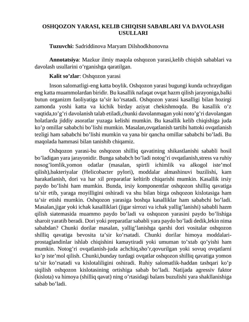 Oshqozon Yarasi, Kelib Chiqish Sabablari va Davolash Usullari 1