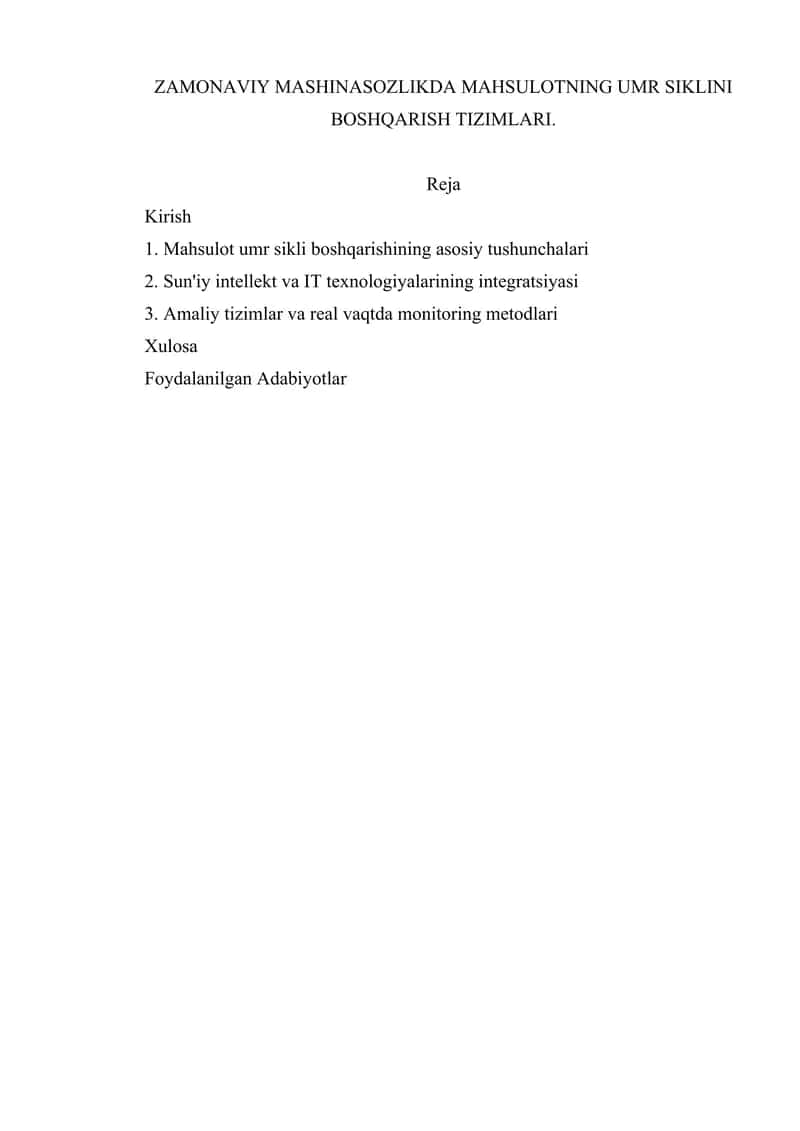 ZAMONAVIY MASHINASOZLIKDA MAHSULOTNING UMR SIKLINI BOSHQARISH TIZIMLARI. 1