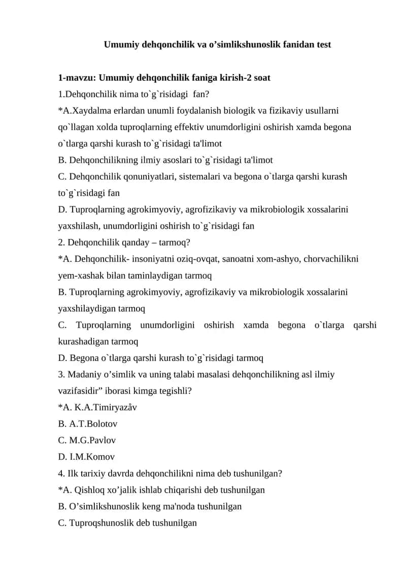 Umumiy dehqonchilik va o’simlikshunoslik fanidan test 1