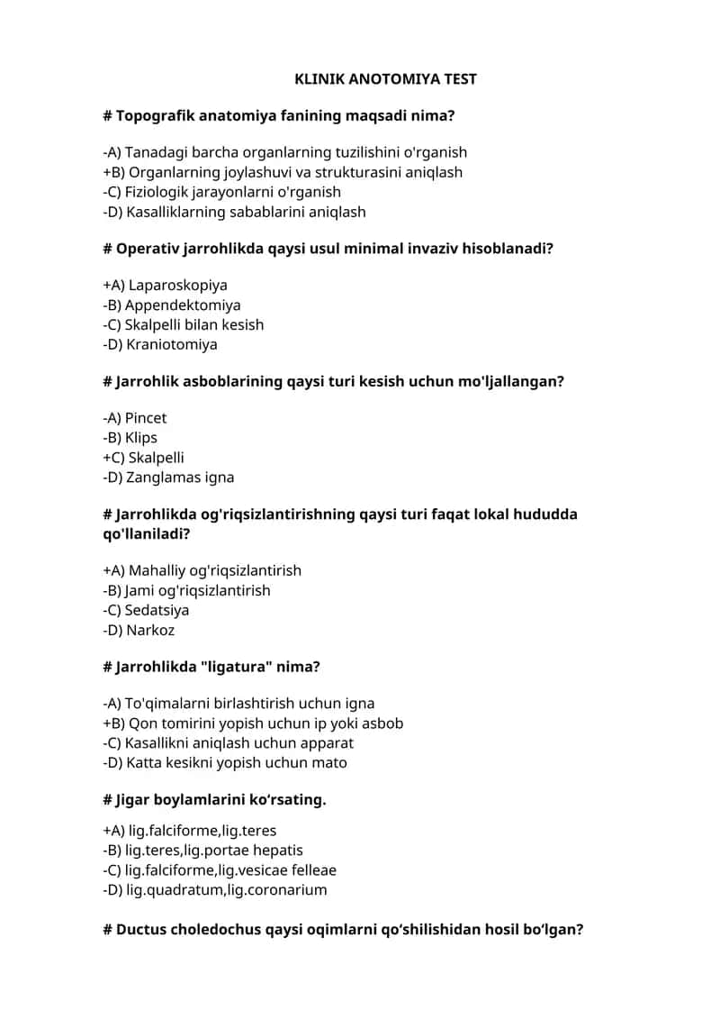 Operativ xirurgiya, Klinik anatomiya test, Davolash, Pediatriya, Stomatologiya, Farmatsiya, Oliy hamshiralik yo'nalishi uchun 1