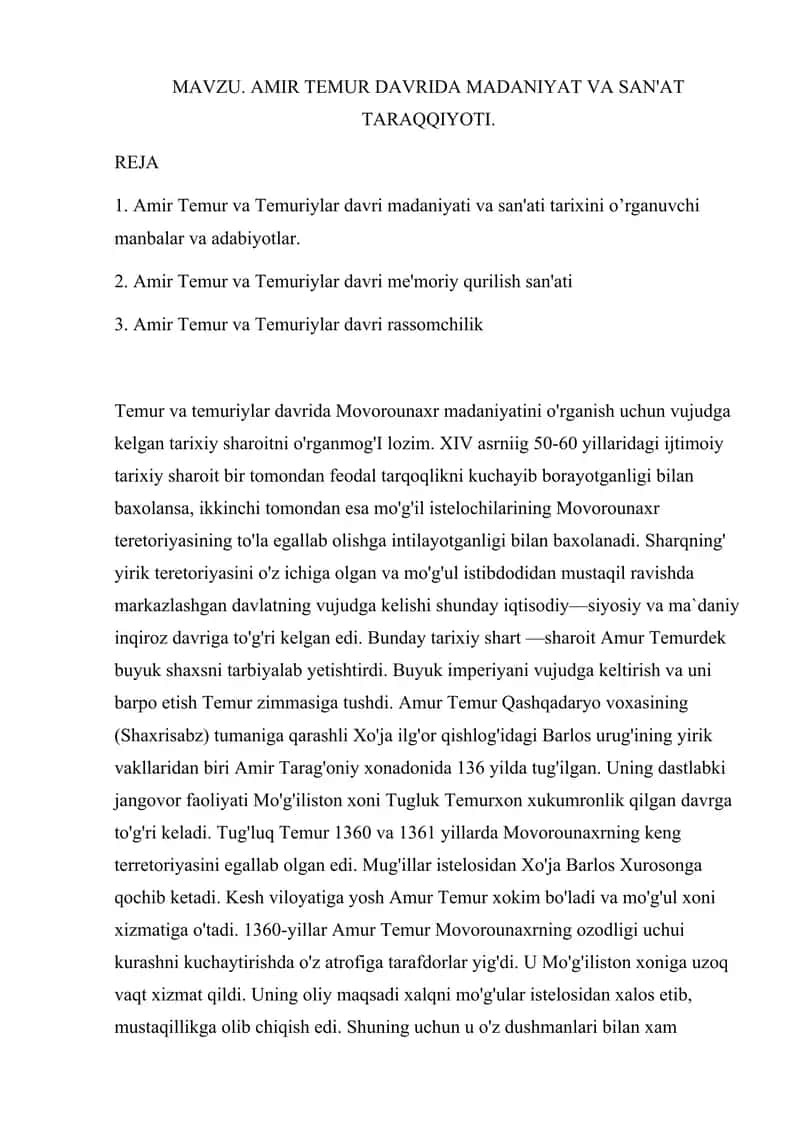 AMIR TEMUR DAVRIDA MADANIYAT VA SAN'AT TARAQQIYOTI. 1