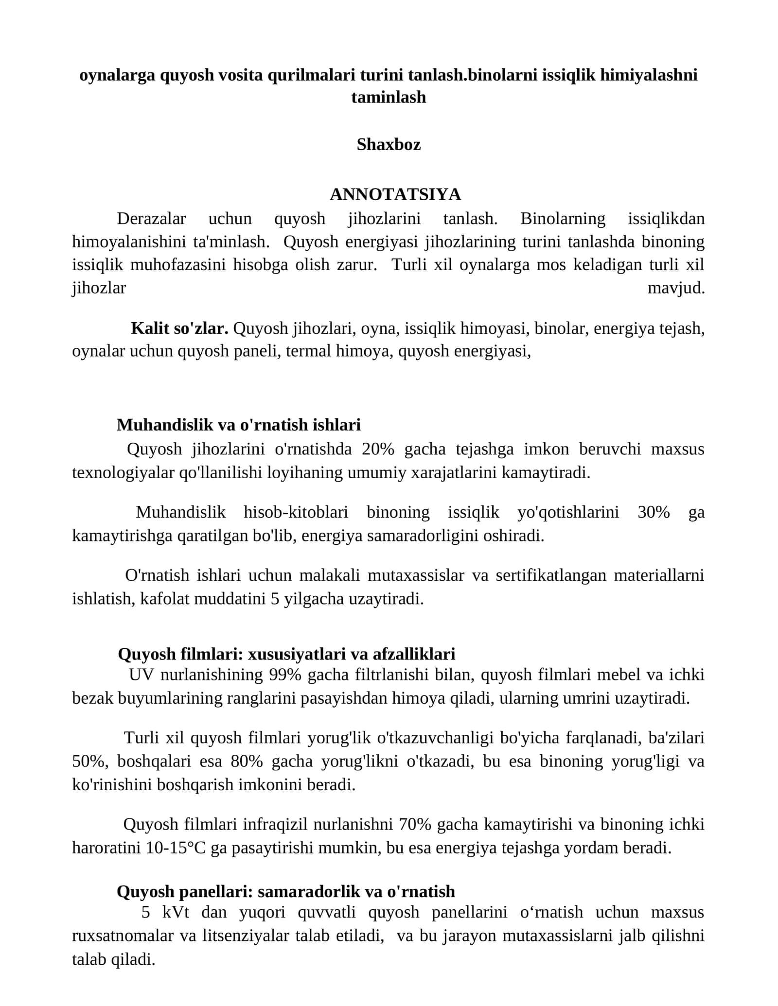 Quyosh jihozlarini tanlash va oynalar uchun issiqlik himoyasi 1