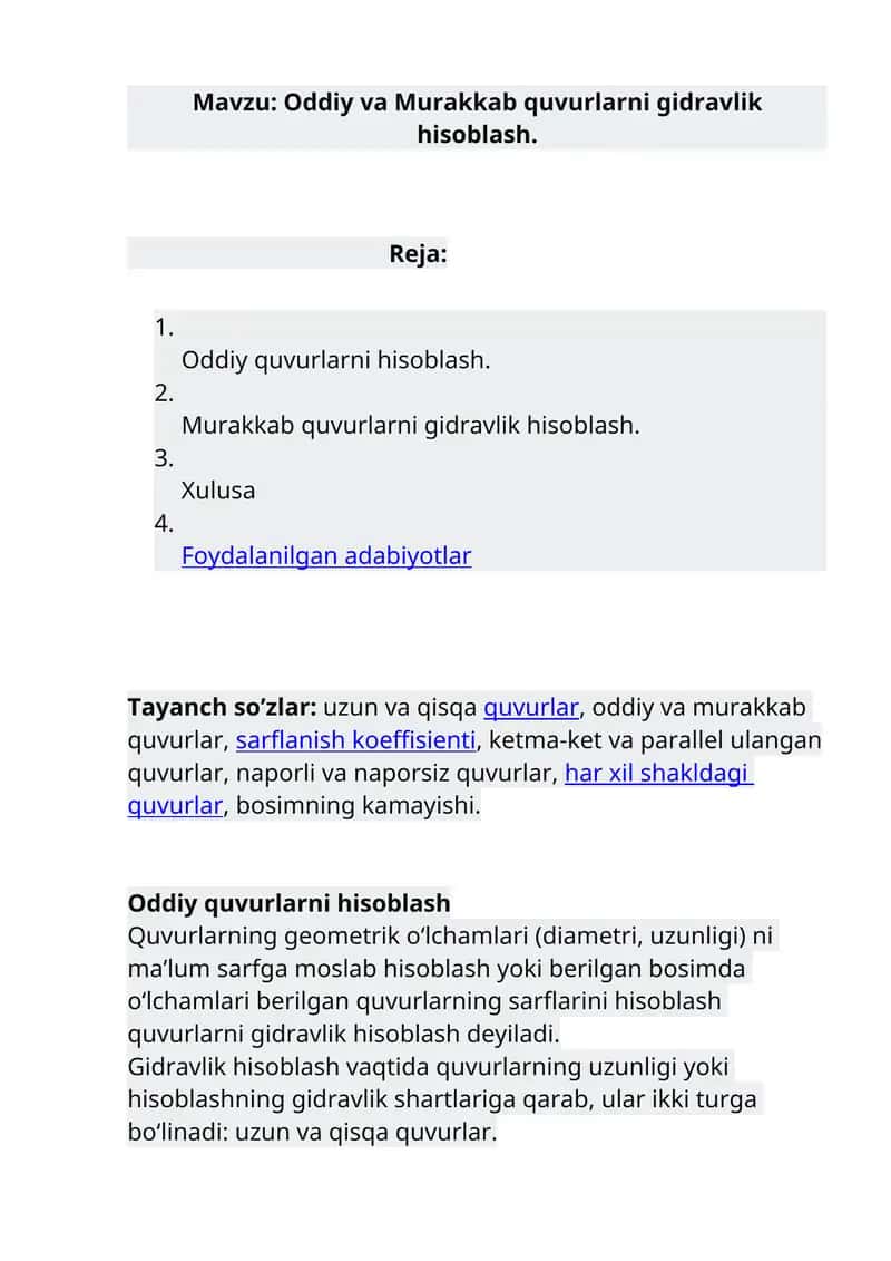 Oddiy va Murakkab quvurlarni gidravlik hisoblash 1