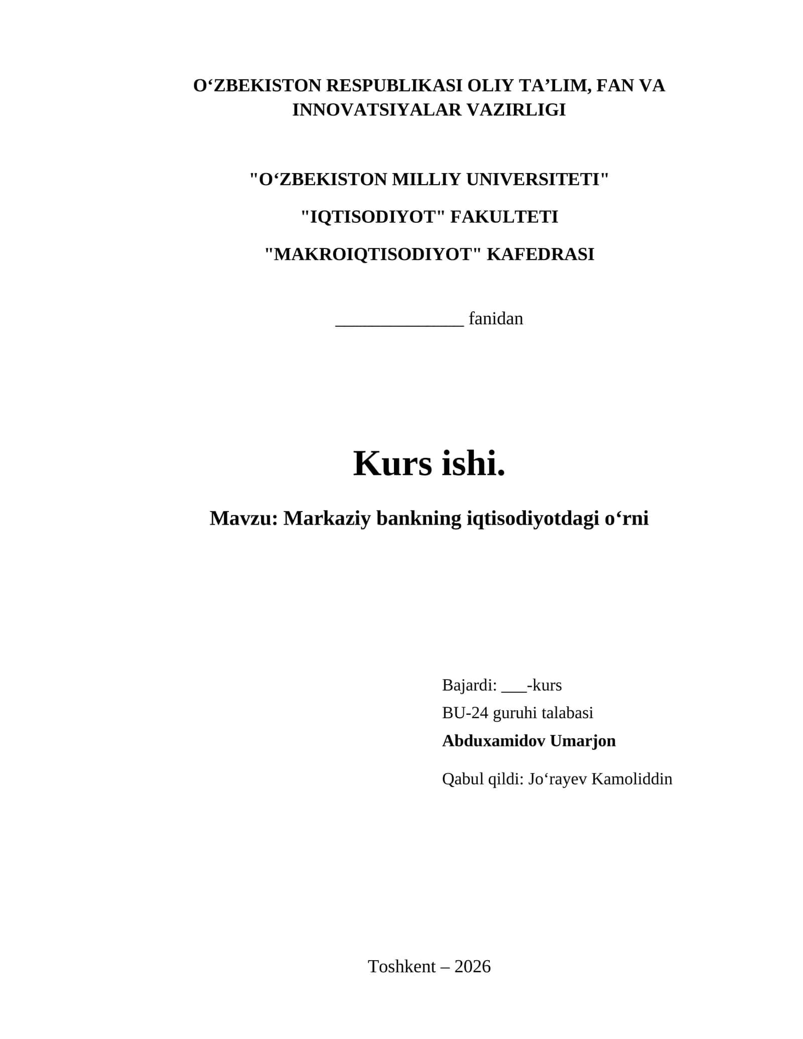 Markaziy bankning iqtisodiyotdagi oʻrni 1