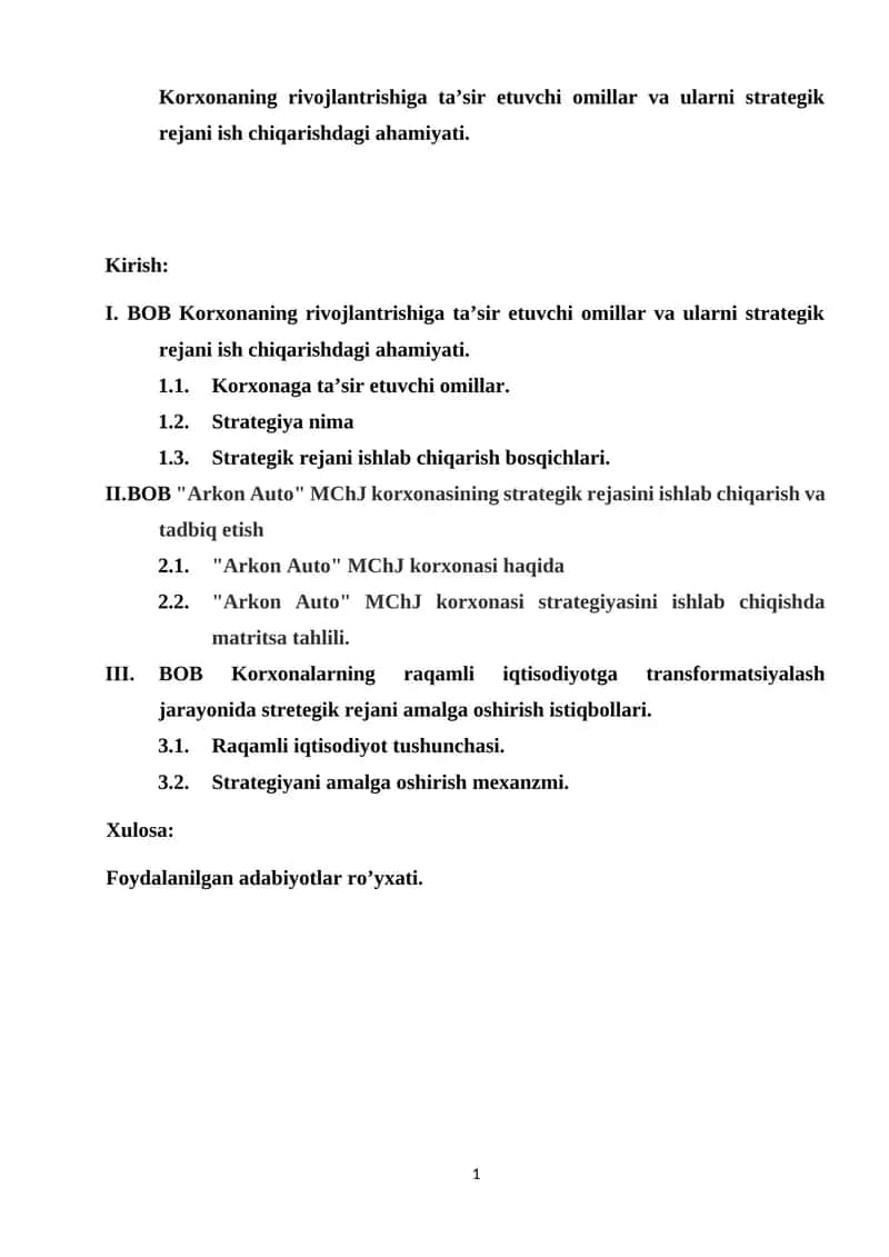 Korxonalarning raqamli iqtisodiyotga transformatsiyalash jarayonida stretegik rejani amalga oshirish istiqbollari. 1