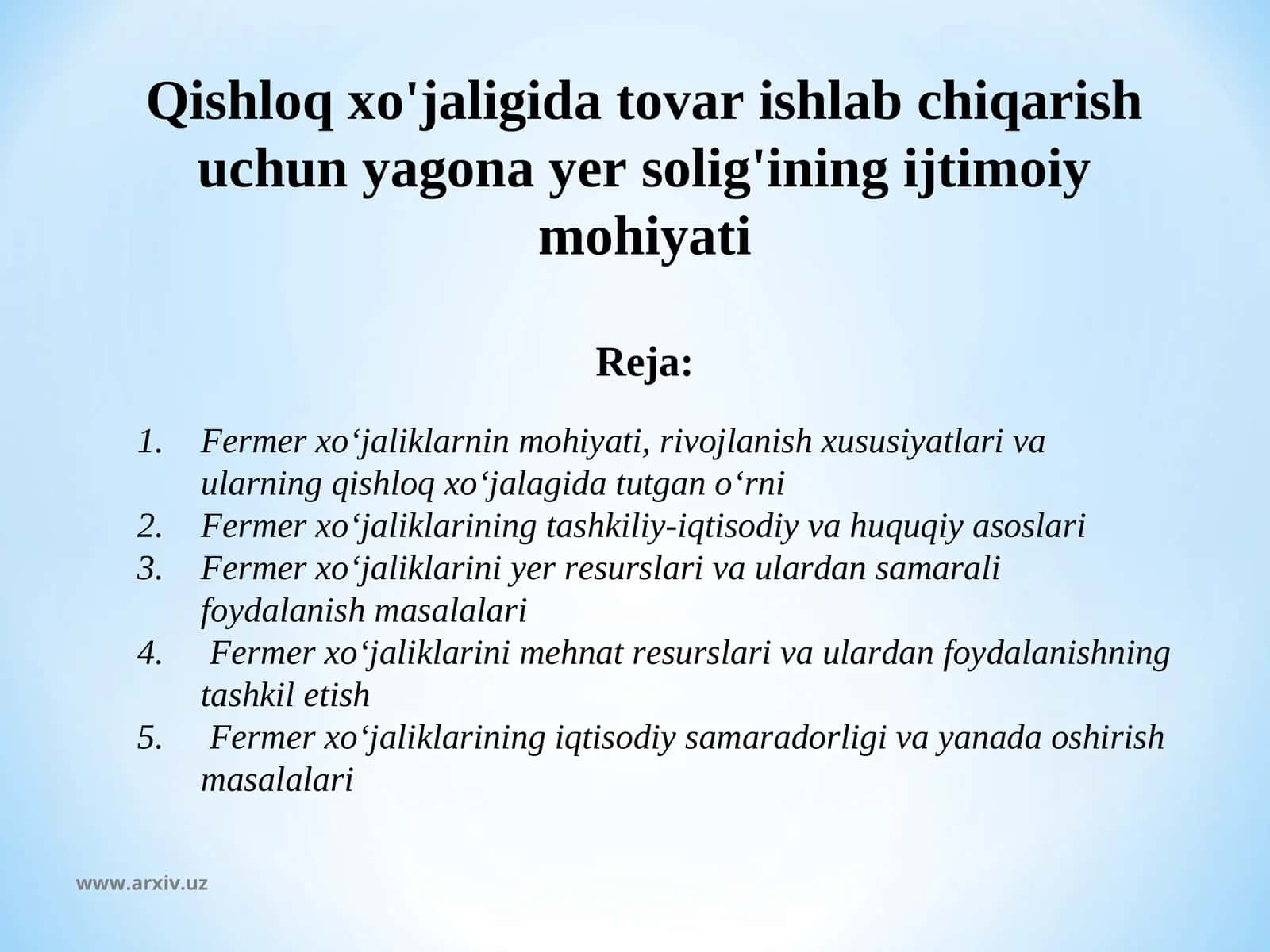 Qishloq xo'jaligida tovar ishlab chiqarish uchun yagona yer solig'ining ijtimoiy mohiyati 1