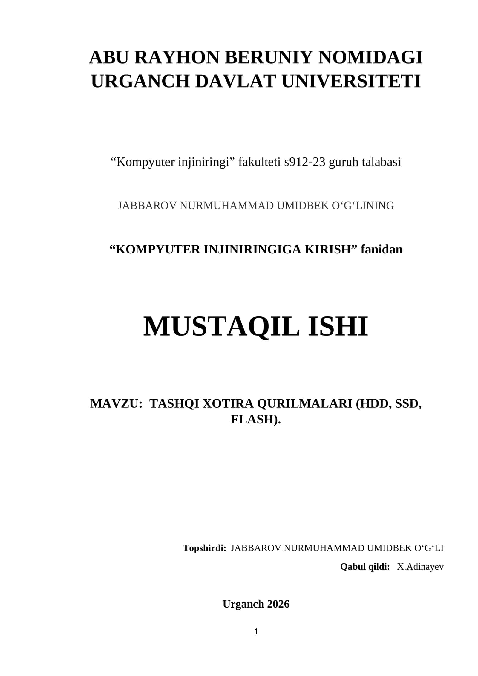 Tashqi Xotira Qurilmalari (HDD, SSD, Flash) 1