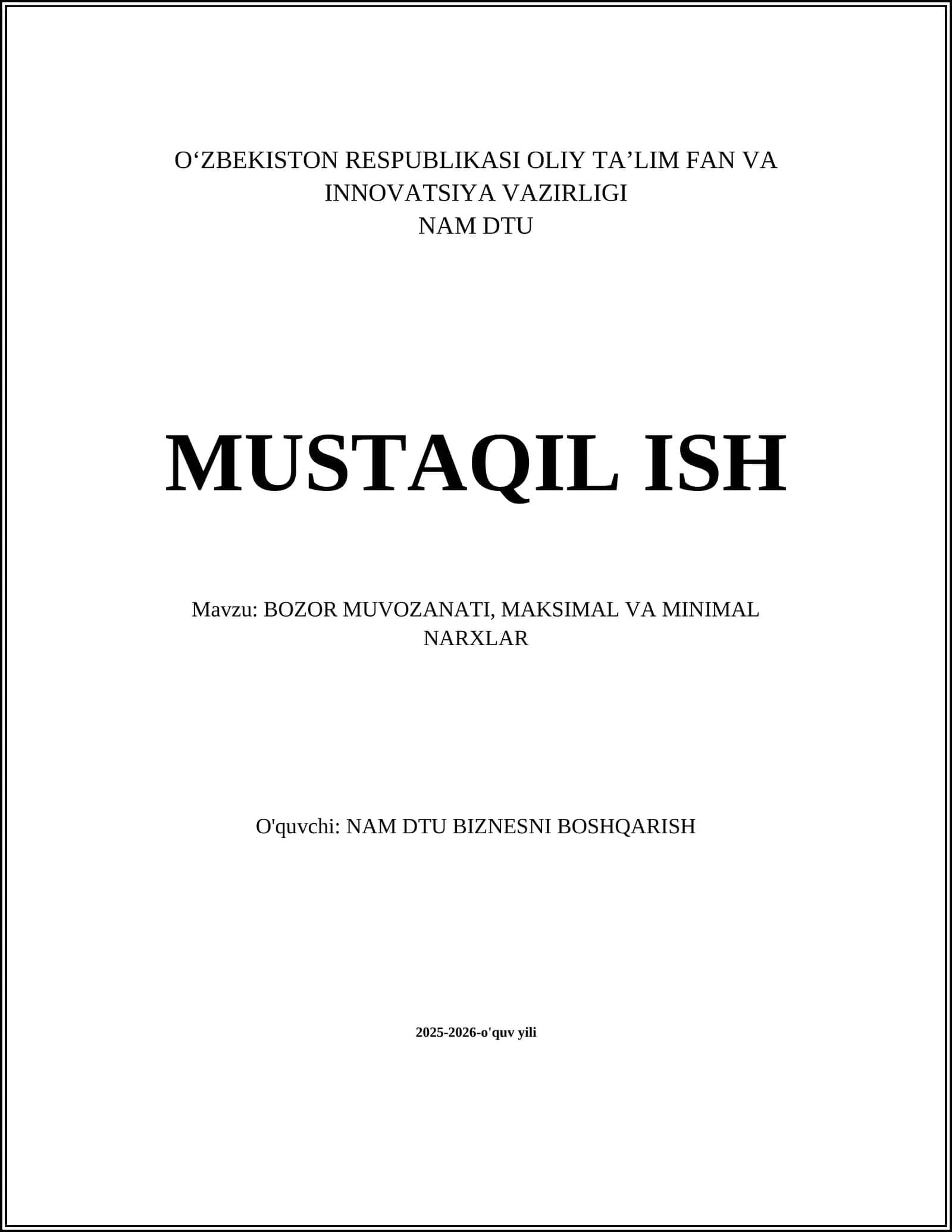 BOZOR MUVOZANATI, MAKSIMAL VA MINIMAL NARXLAR 1
