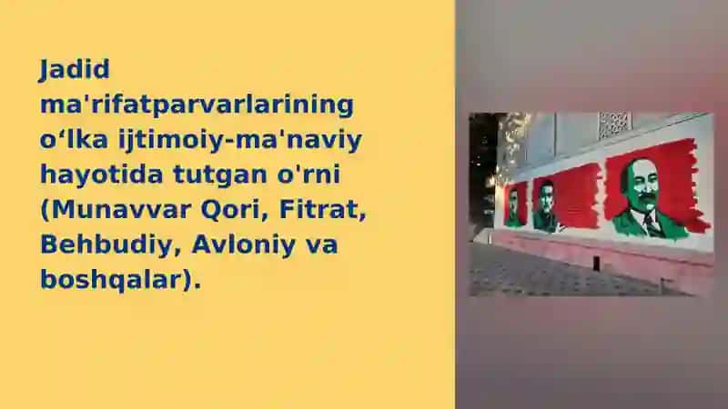 Jadid ma'rifatparvarlarining oʻlka ijtimoiy-ma'naviy hayotida tutgan o'rni (Munavvar Qori, Fitrat, Behbudiy, Avloniy va boshqalar)