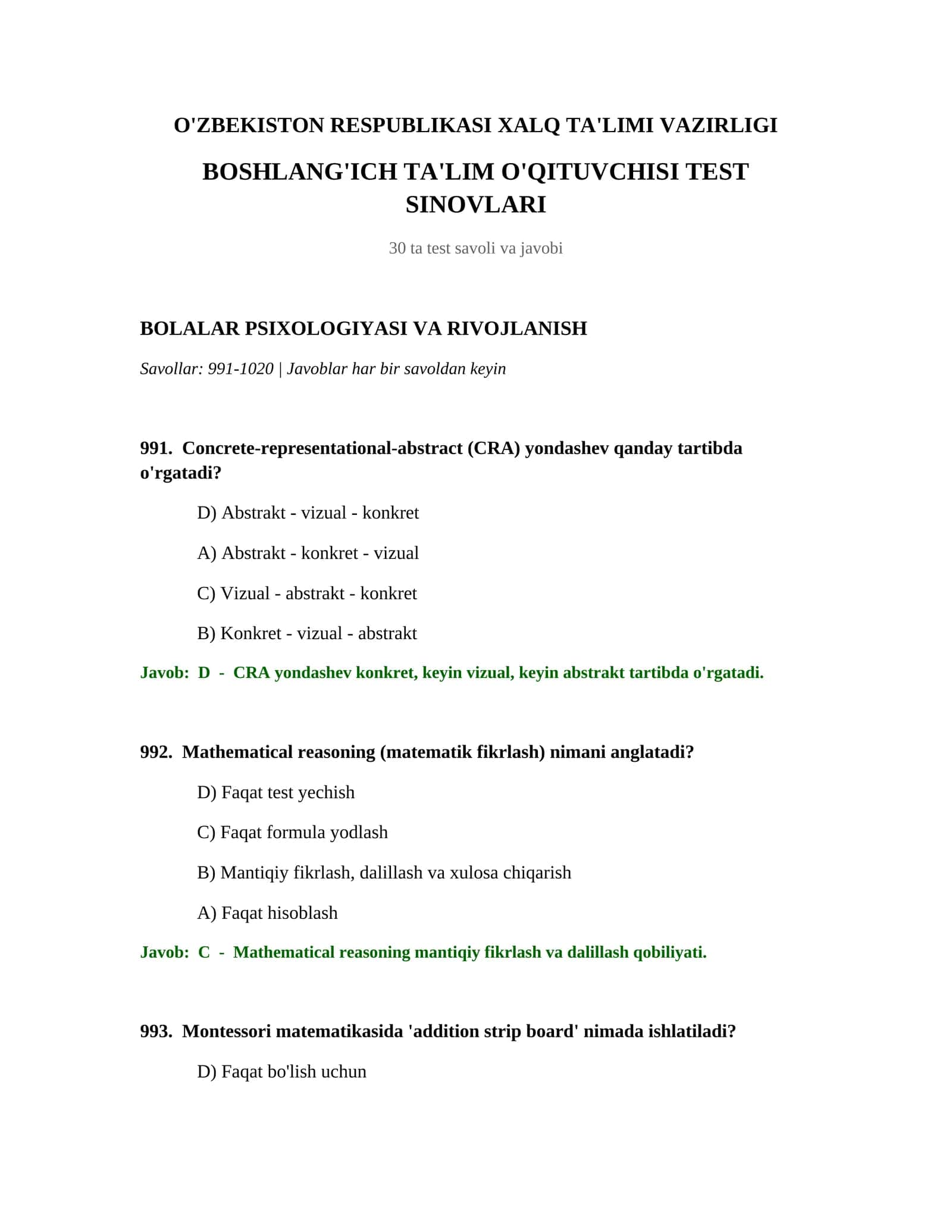 BOSHLANG'ICH TA'LIM O'QITUVCHISI TEST SINOVLARI 1