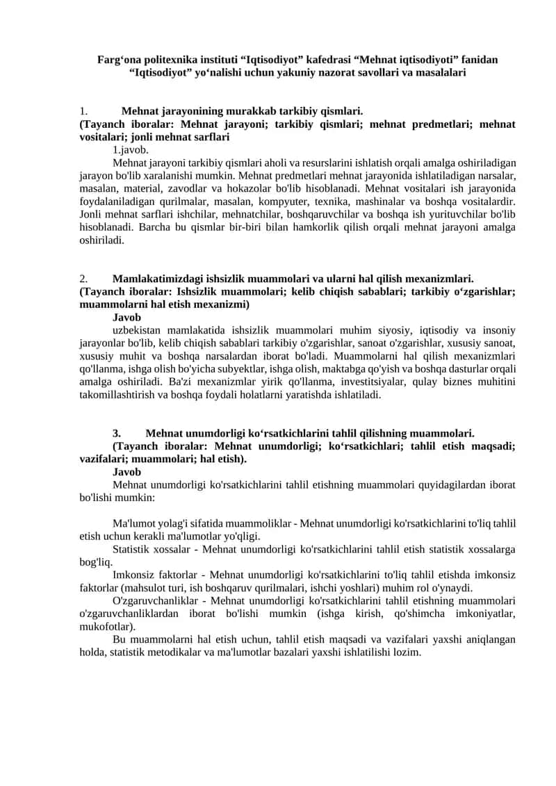 “Iqtisodiyot” yo‘nalishi uchun yakuniy nazorat savollari va masalalari 1