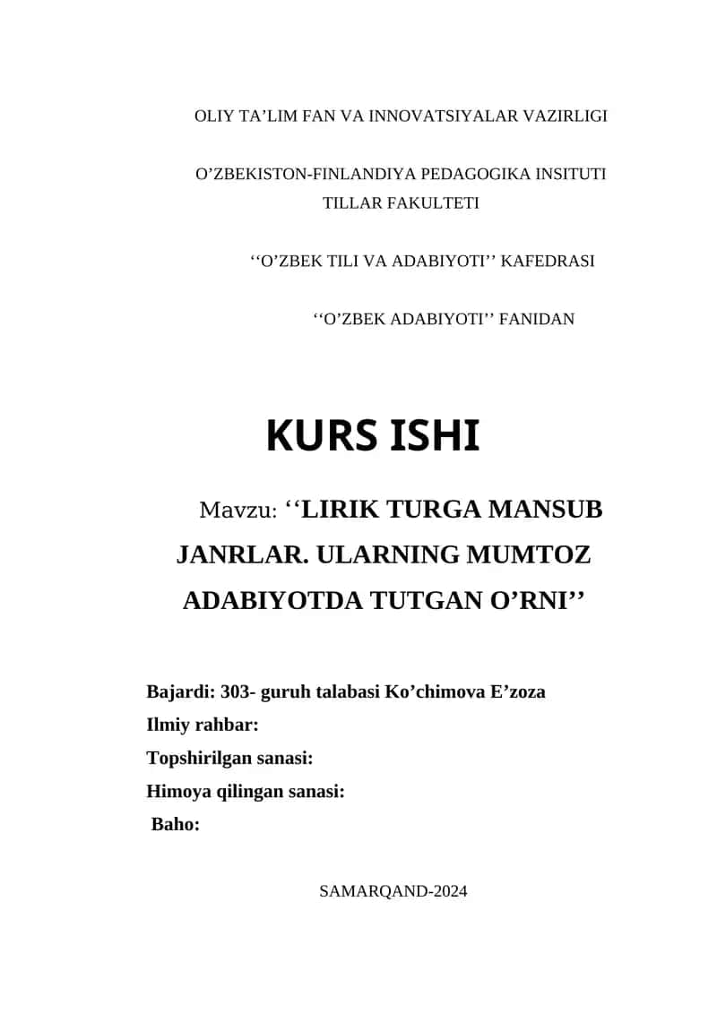 O'zbek Tili va Adabiyoti Kafedrasi Kurs Ishi 1