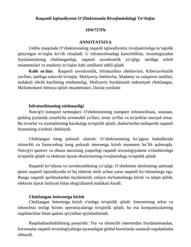 Raqamli Iqtisodiyotni OʻZbekistonda Rivojlanishdagi ToʻSiqlar 1
