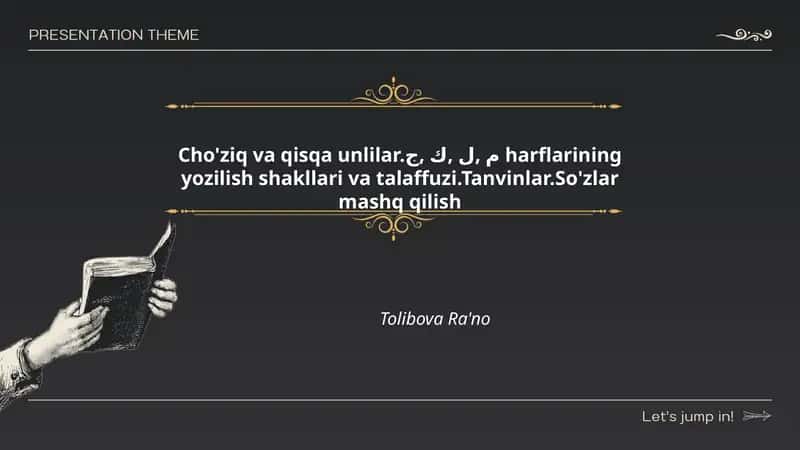 Cho'ziq va qisqa unlilar.م,ل,ك,ج harflarining yozilish shakllari va talaffuzi.Tanvinlar.So'zlar mashq qilish 1