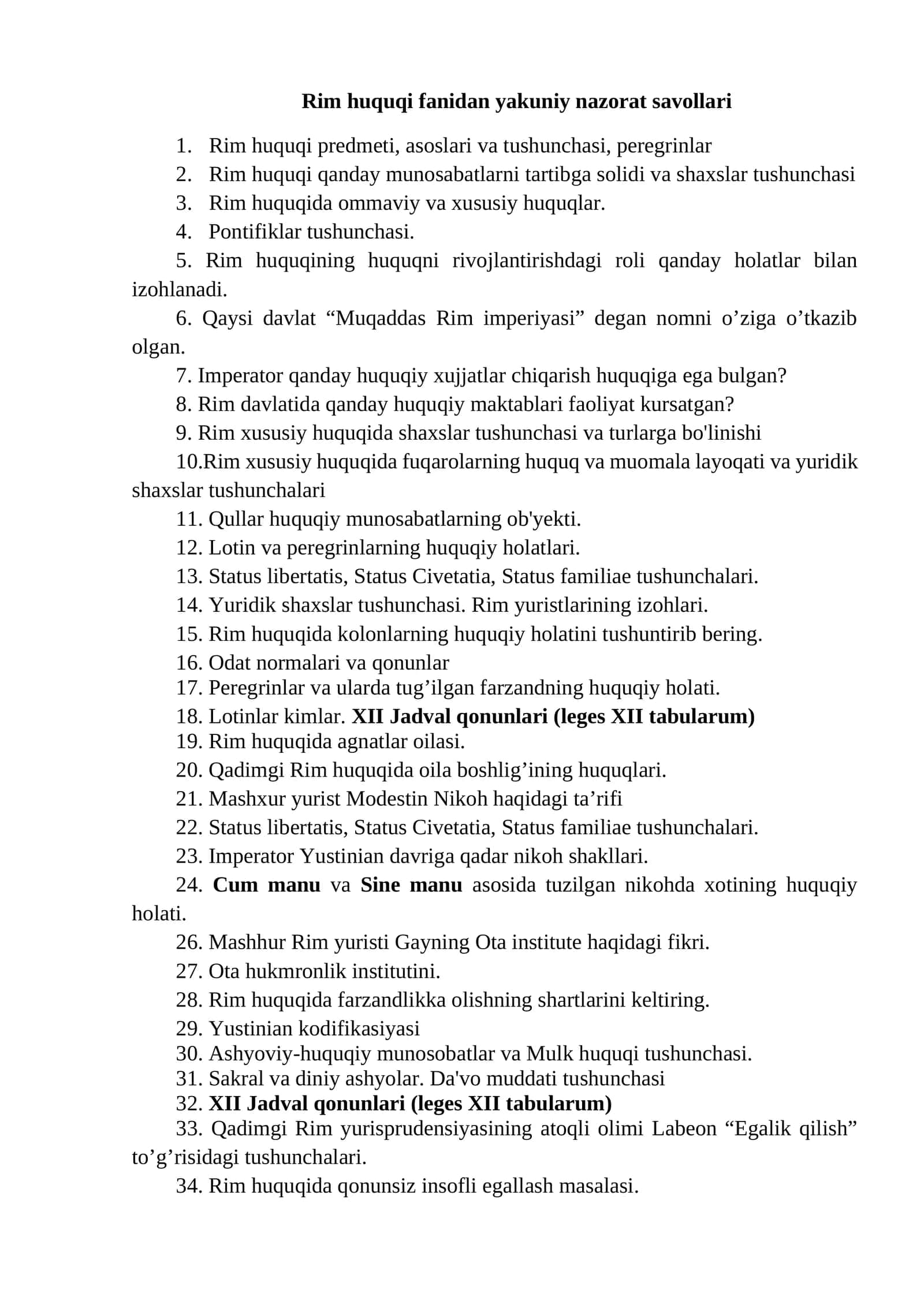 Rim huquqi fanidan yakuniy nazorat savollari 1