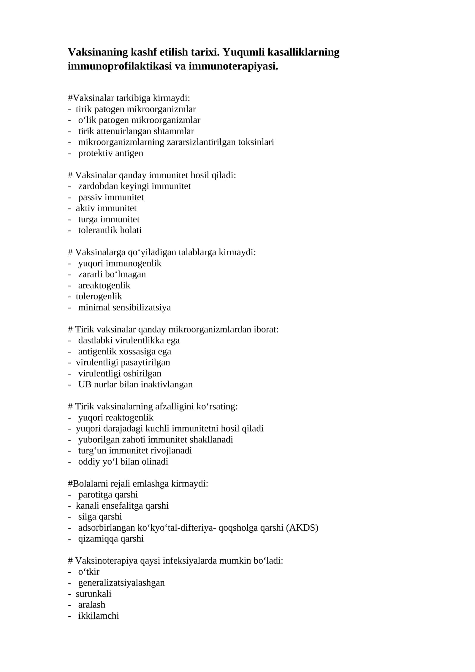 Vaksinaning kashf etilish tarixi. Yuqumli kasalliklarning immunoprofilaktikasi va immunoterapiyasi 1