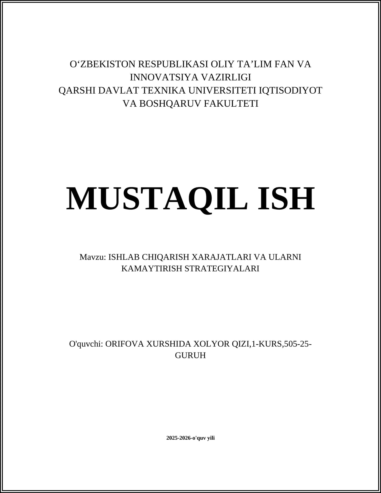 ISHLAB CHIQARISH XARAJATLARI VA ULARNI KAMAYTIRISH STRATEGIYALARI 1