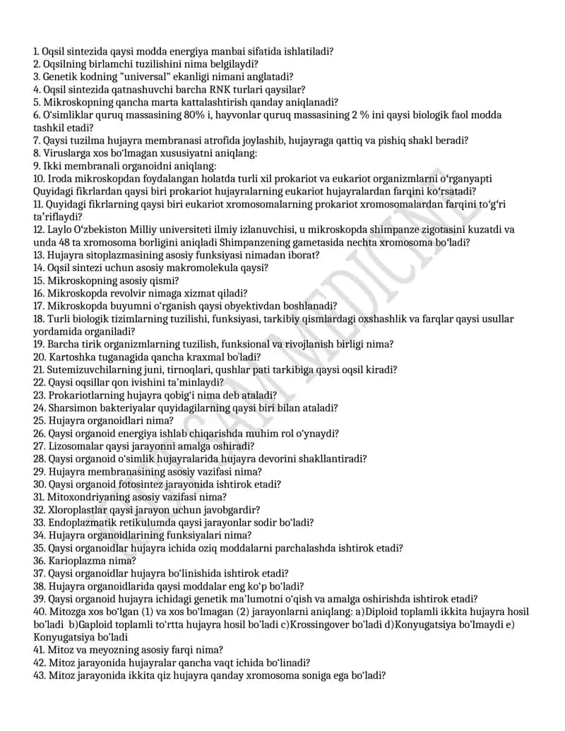 Biologiya fanidan test savollari 1