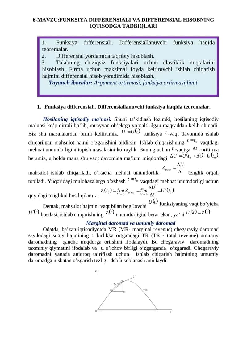 FUNKSIYA DIFFERENSIALI VA DIFFERENSIAL HISOBNING IQTISODGA TADBIQLARI 1