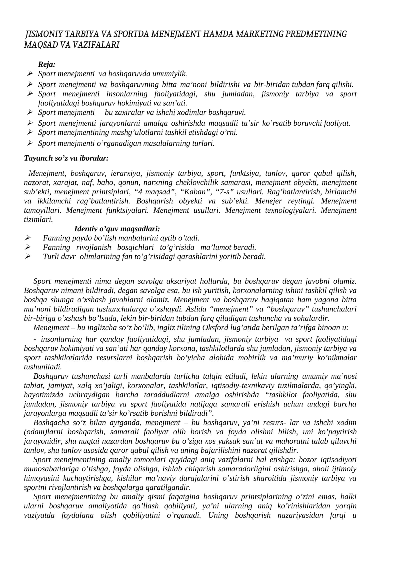 JISMONIY TARBIYA VA SPORTDA MENEJMENT HAMDA MARKETING PREDMETINING MAQSAD VA VAZIFALARI 1