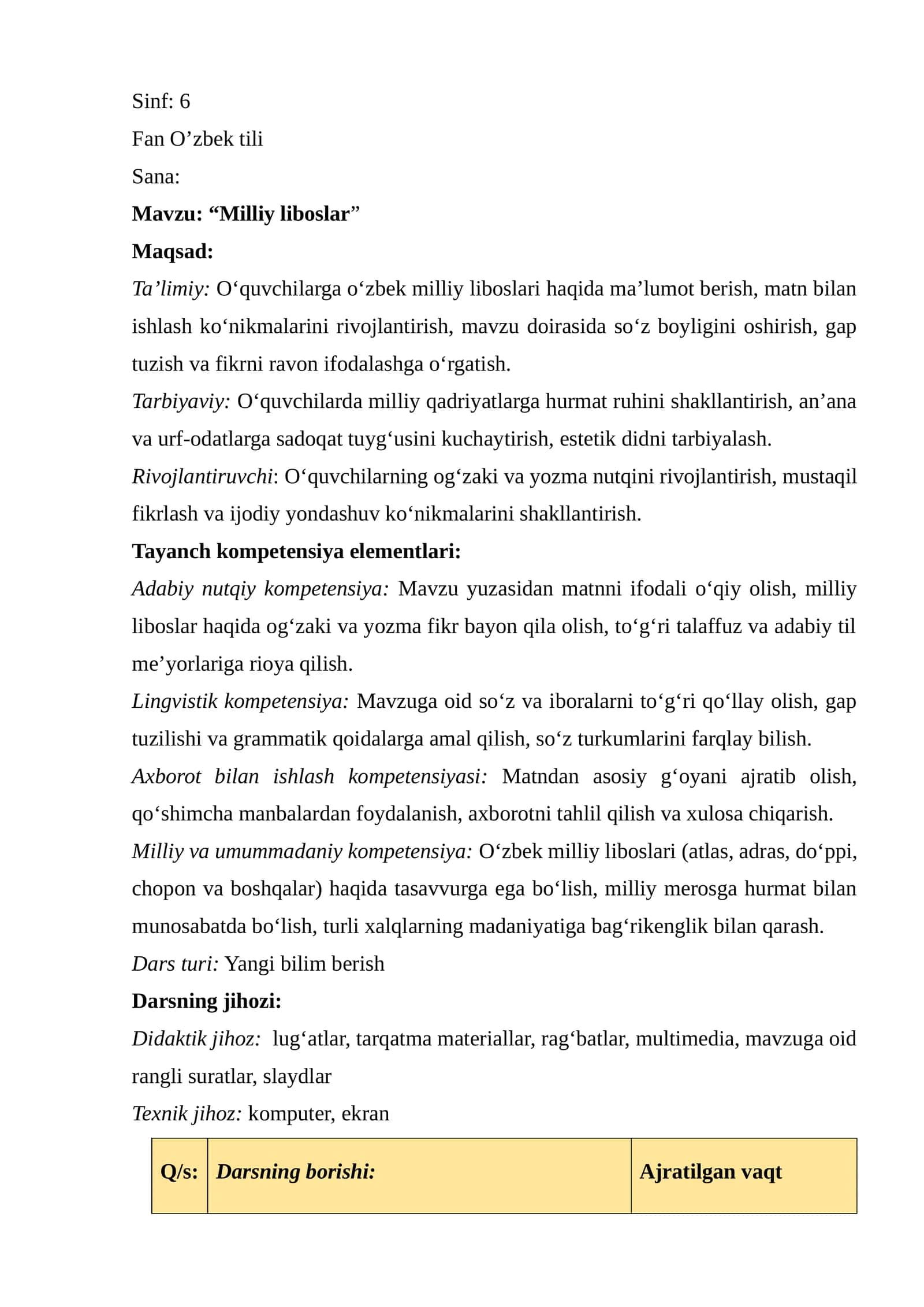 Milliy liboslar 6-sinf dars ishlanma 1