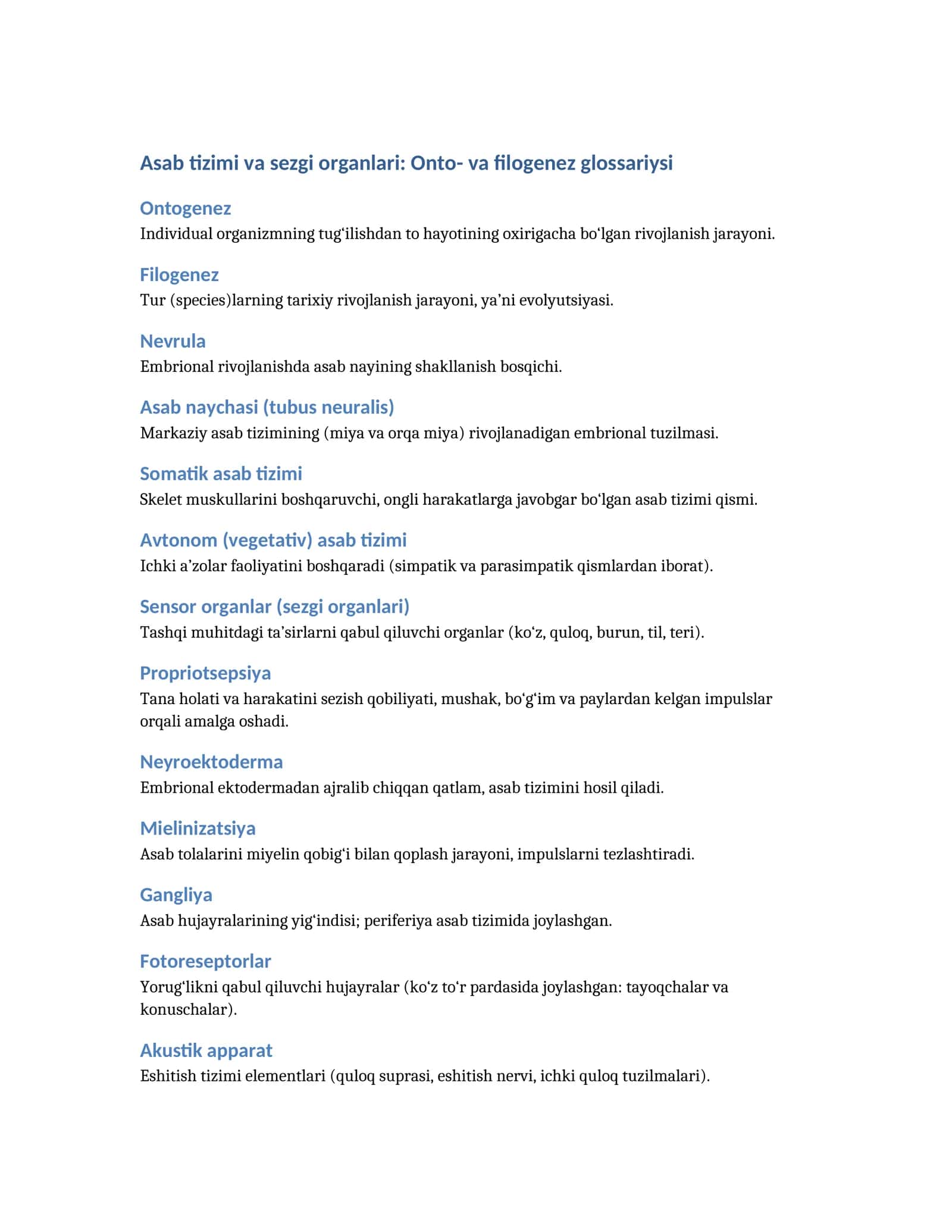 Asab tizimi va sezgi organlari: Onto- va filogenez glossariysi 1