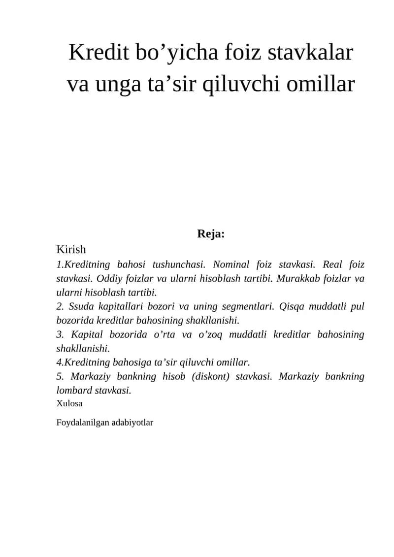 Kredit bo’yicha foiz stavkalar va unga ta’sir qiluvchi omillar 1