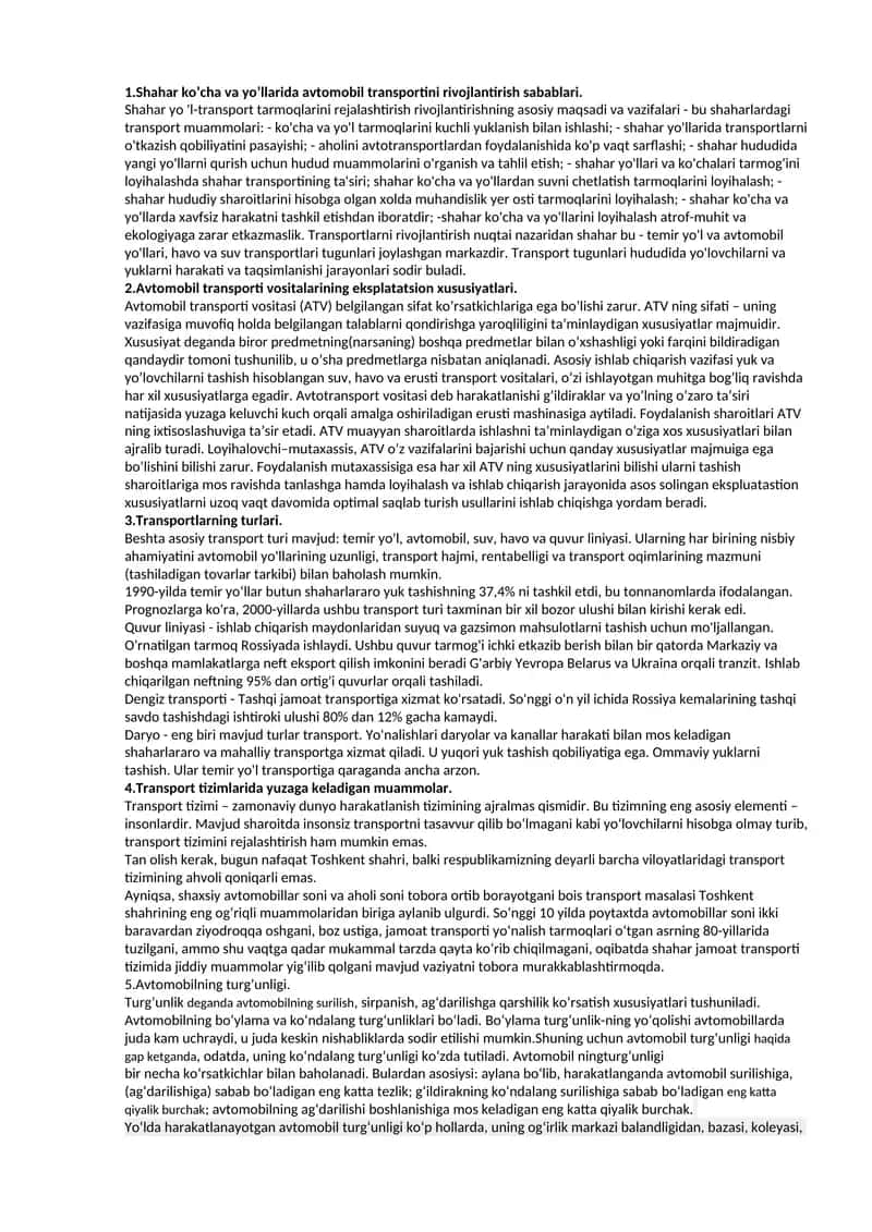Shahar ko’cha va yo’llarida avtomobil transportini rivojlantirish sabablari 1